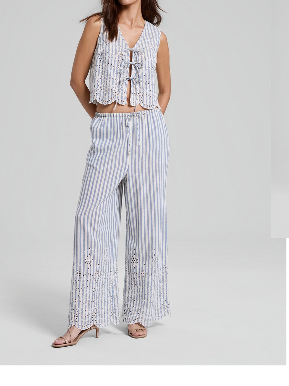 Set- Blue & White Striped Wide-Leg Eyelet Pants and matching top.